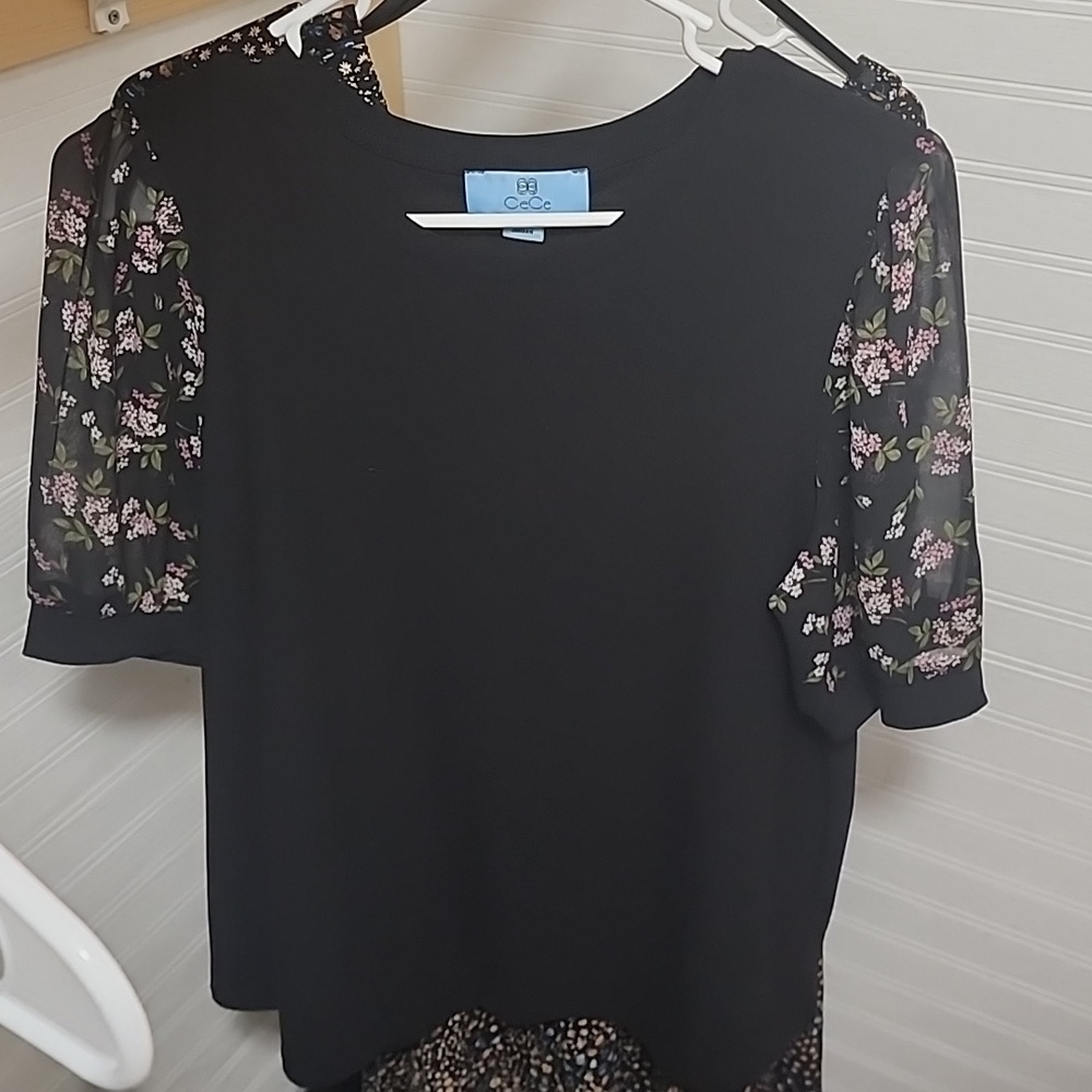 Black dressy shirt with floral see through sleeves